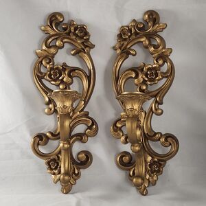 Set Of 2 1971 Homco Gold Wall Sconce Taper Candle Holder Hollywood Regency 4118